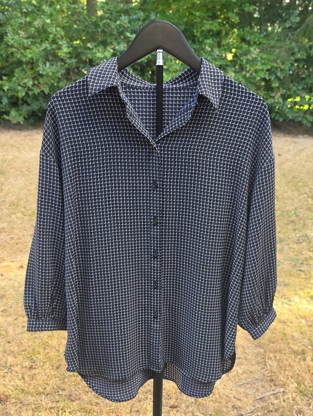 Express Black Button-Down Shirt with White Grid Pattern